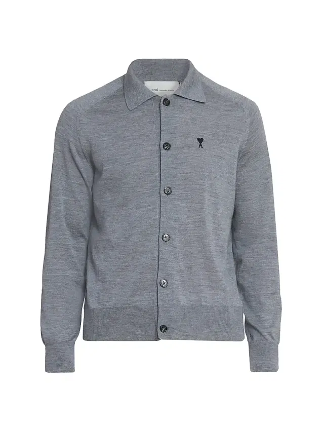 Men's Collared Wool Cardigan - Gris Chine Noir Men's Collared Wool Cardigan - Gris Chine Noir
