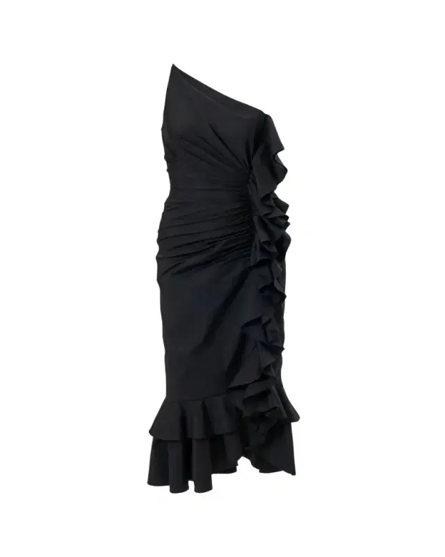 One-Shoulder Ruched Ruffle Midi Dress One-Shoulder Ruched Ruffle Midi Dress