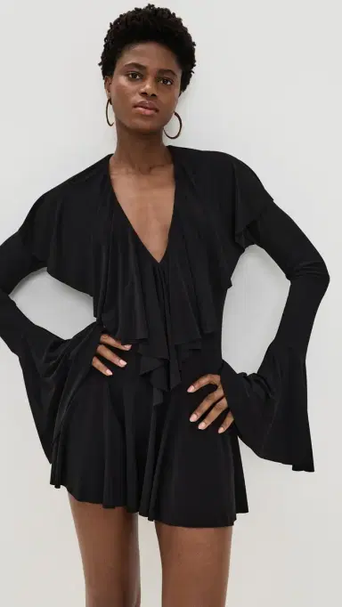 Norma Kamali Long Sleeve Deep V Ruffle Mini Dress Black | Thumbnail 2 Norma Kamali Long Sleeve Deep V Ruffle Mini Dress Black | Thumbnail 2