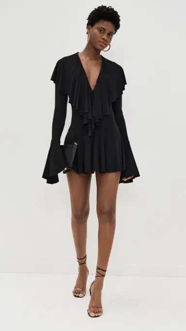 Norma Kamali Long Sleeve Deep V Ruffle Mini Dress Black | Thumbnail 5 Norma Kamali Long Sleeve Deep V Ruffle Mini Dress Black | Thumbnail 5