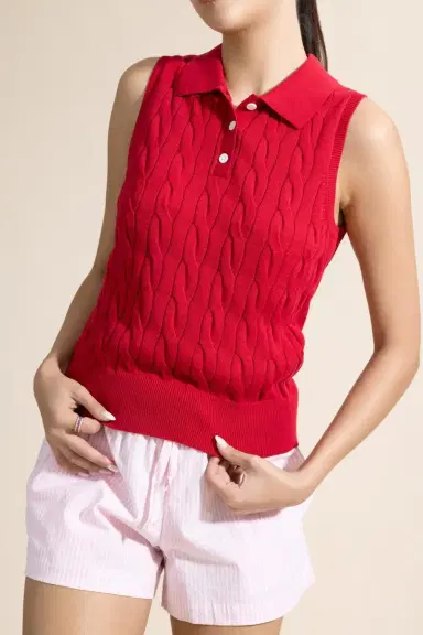 MINNIE ROSE Sleeveless Cable Knit Polo - Red | Thumbnail 3 MINNIE ROSE Sleeveless Cable Knit Polo - Red | Thumbnail 3