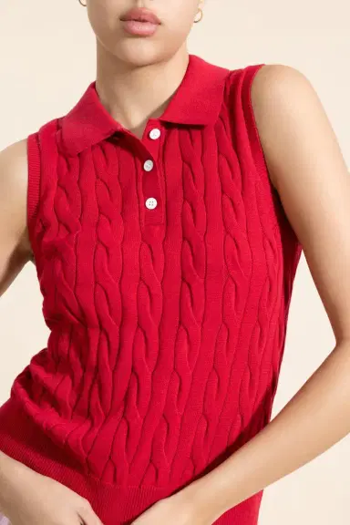 MINNIE ROSE Sleeveless Cable Knit Polo - Red | Thumbnail 4 MINNIE ROSE Sleeveless Cable Knit Polo - Red | Thumbnail 4