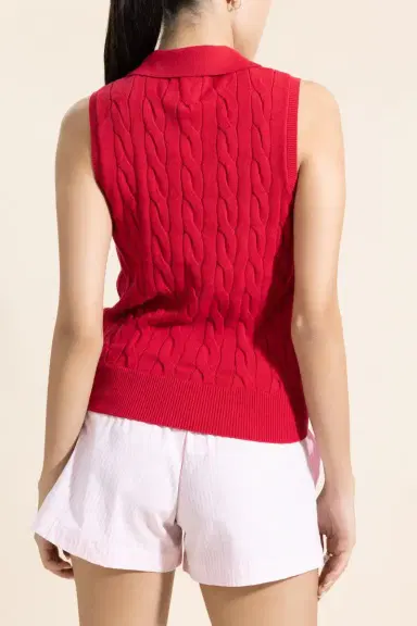 MINNIE ROSE Sleeveless Cable Knit Polo - Red | Thumbnail 5 MINNIE ROSE Sleeveless Cable Knit Polo - Red | Thumbnail 5