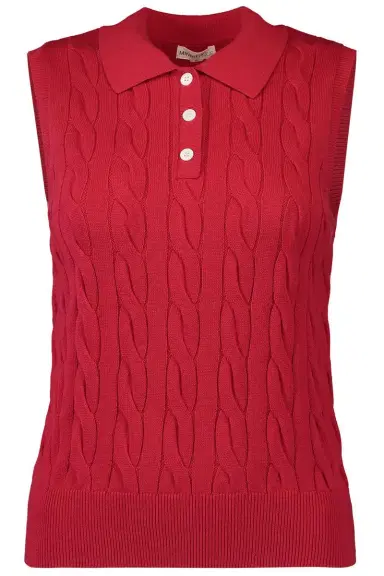 MINNIE ROSE Sleeveless Cable Knit Polo - Red | Thumbnail 1 MINNIE ROSE Sleeveless Cable Knit Polo - Red | Thumbnail 1