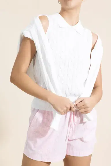 MINNIE ROSE Sleeveless Cable Knit Polo - White | Thumbnail 2 MINNIE ROSE Sleeveless Cable Knit Polo - White | Thumbnail 2