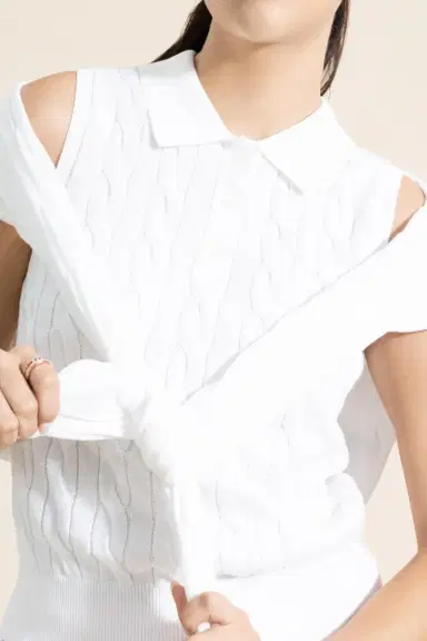 MINNIE ROSE Sleeveless Cable Knit Polo - White | Thumbnail 3 MINNIE ROSE Sleeveless Cable Knit Polo - White | Thumbnail 3