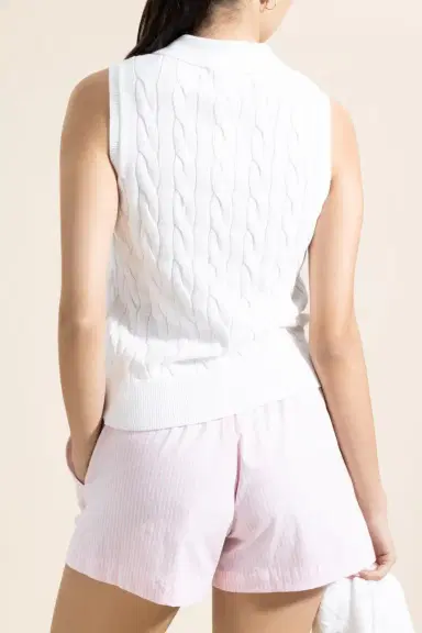 MINNIE ROSE Sleeveless Cable Knit Polo - White | Thumbnail 4 MINNIE ROSE Sleeveless Cable Knit Polo - White | Thumbnail 4