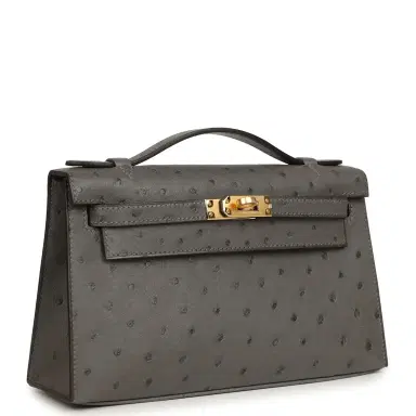 HERMÈS Hermes Kelly Pochette Gris Meyer Ostrich Gold Hardware | Thumbnail 2 HERMÈS Hermes Kelly Pochette Gris Meyer Ostrich Gold Hardware | Thumbnail 2