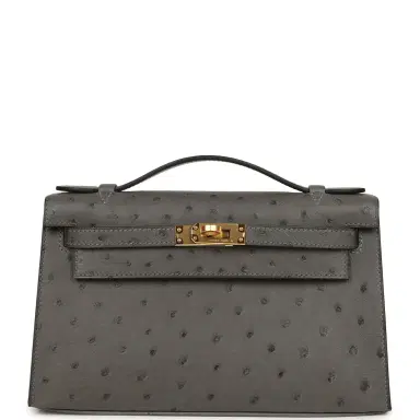 HERMÈS Hermes Kelly Pochette Gris Meyer Ostrich Gold Hardware | Thumbnail 1 HERMÈS Hermes Kelly Pochette Gris Meyer Ostrich Gold Hardware | Thumbnail 1