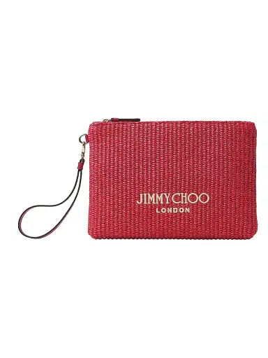 Jimmy Choo Women's Riviera Capsule Raffia Flat Pouch - Ruby Red | Thumbnail 1 Jimmy Choo Women's Riviera Capsule Raffia Flat Pouch - Ruby Red | Thumbnail 1