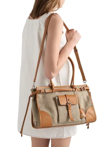 Prada Women's Bonnie Linen and Leather Tote Bag - Beige Khaki | Thumbnail 2 Prada Women's Bonnie Linen and Leather Tote Bag - Beige Khaki | Thumbnail 2