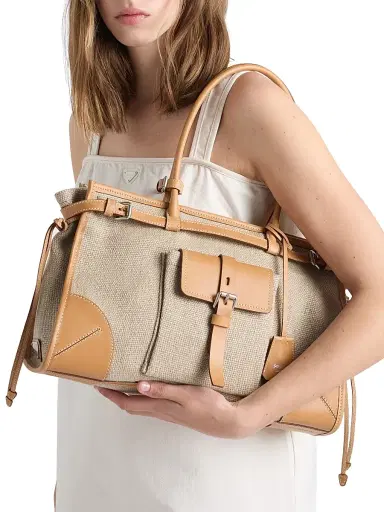 Prada Women's Bonnie Linen and Leather Tote Bag - Beige Khaki | Thumbnail 3 Prada Women's Bonnie Linen and Leather Tote Bag - Beige Khaki | Thumbnail 3
