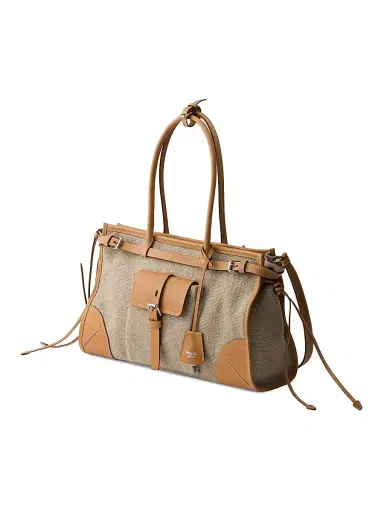 Prada Women's Bonnie Linen and Leather Tote Bag - Beige Khaki | Thumbnail 4 Prada Women's Bonnie Linen and Leather Tote Bag - Beige Khaki | Thumbnail 4