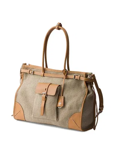 Prada Women's Bonnie Linen and Leather Tote Bag - Beige Khaki | Thumbnail 2 Prada Women's Bonnie Linen and Leather Tote Bag - Beige Khaki | Thumbnail 2