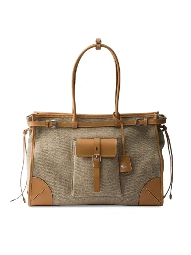 Prada Women's Bonnie Linen and Leather Tote Bag - Beige Khaki | Thumbnail 1 Prada Women's Bonnie Linen and Leather Tote Bag - Beige Khaki | Thumbnail 1