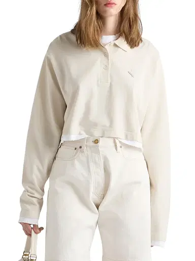 Prada Women's Long-Sleeved Piqué and Jersey Polo Shirt - Beige Khaki | Thumbnail 2 Prada Women's Long-Sleeved Piqué and Jersey Polo Shirt - Beige Khaki | Thumbnail 2