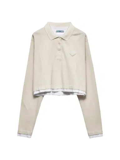 Prada Women's Long-Sleeved Piqué and Jersey Polo Shirt - Beige Khaki | Thumbnail 1 Prada Women's Long-Sleeved Piqué and Jersey Polo Shirt - Beige Khaki | Thumbnail 1