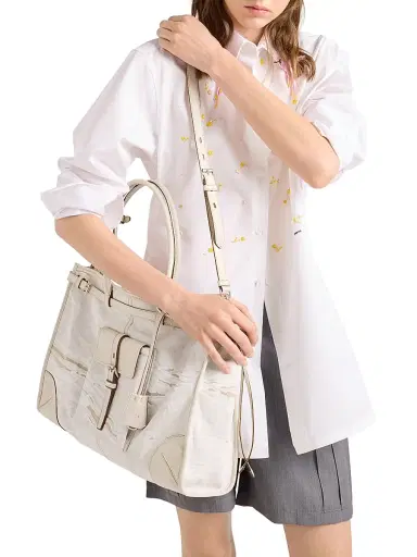 Prada Women's Bonnie Printed Linen and Leather Tote Bag - White | Thumbnail 2 Prada Women's Bonnie Printed Linen and Leather Tote Bag - White | Thumbnail 2