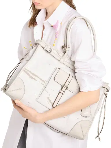 Prada Women's Bonnie Printed Linen and Leather Tote Bag - White | Thumbnail 3 Prada Women's Bonnie Printed Linen and Leather Tote Bag - White | Thumbnail 3
