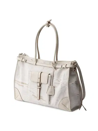 Prada Women's Bonnie Printed Linen and Leather Tote Bag - White | Thumbnail 4 Prada Women's Bonnie Printed Linen and Leather Tote Bag - White | Thumbnail 4