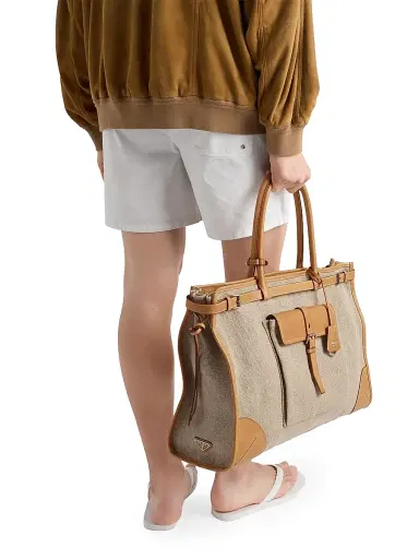 Prada Men's Bonnie Linen and Leather Tote Bag - Beige Khaki | Thumbnail 3 Prada Men's Bonnie Linen and Leather Tote Bag - Beige Khaki | Thumbnail 3
