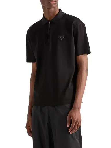 Prada Men's Piqué Polo Shirt with Re-Nylon Details - Black | Thumbnail 2 Prada Men's Piqué Polo Shirt with Re-Nylon Details - Black | Thumbnail 2
