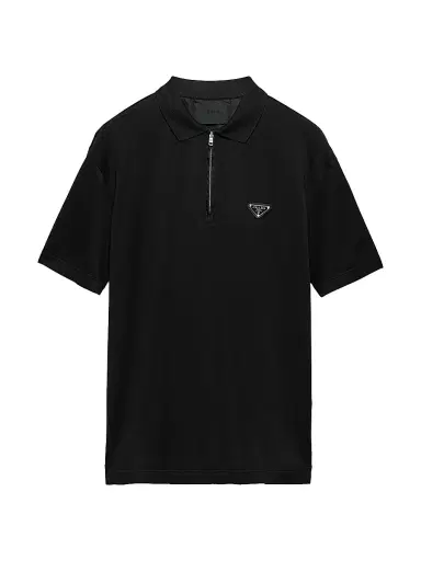 Prada Men's Piqué Polo Shirt with Re-Nylon Details - Black | Thumbnail 1 Prada Men's Piqué Polo Shirt with Re-Nylon Details - Black | Thumbnail 1