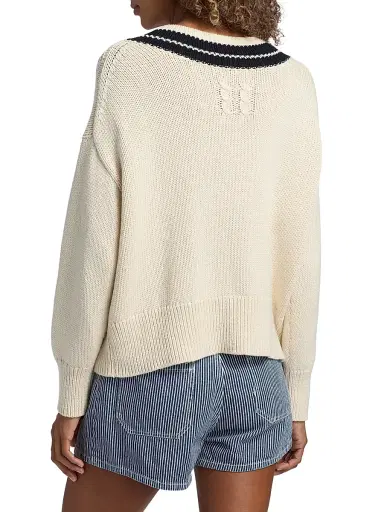 Nili Lotan Women's Suneel V-Neck Cotton-Cahsmere Sweater - Ecru Dark Navy | Thumbnail 5 Nili Lotan Women's Suneel V-Neck Cotton-Cahsmere Sweater - Ecru Dark Navy | Thumbnail 5