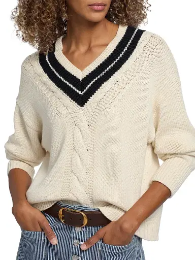 Nili Lotan Women's Suneel V-Neck Cotton-Cahsmere Sweater - Ecru Dark Navy | Thumbnail 6 Nili Lotan Women's Suneel V-Neck Cotton-Cahsmere Sweater - Ecru Dark Navy | Thumbnail 6