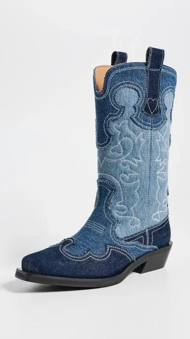 GANNI Mid Shaft Embroidered Denim Western Boots Mid Blue Vintage | Thumbnail 2 GANNI Mid Shaft Embroidered Denim Western Boots Mid Blue Vintage | Thumbnail 2