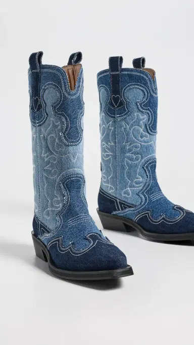 GANNI Mid Shaft Embroidered Denim Western Boots Mid Blue Vintage | Thumbnail 5 GANNI Mid Shaft Embroidered Denim Western Boots Mid Blue Vintage | Thumbnail 5