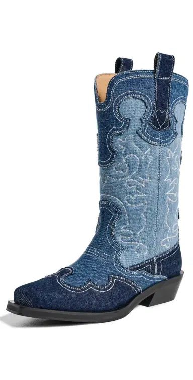 GANNI Mid Shaft Embroidered Denim Western Boots Mid Blue Vintage | Thumbnail 1 GANNI Mid Shaft Embroidered Denim Western Boots Mid Blue Vintage | Thumbnail 1