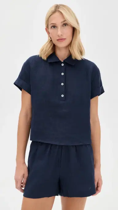perfectwhitetee Tabitha inen Button Down Collared Tee Navy | Thumbnail 2 perfectwhitetee Tabitha inen Button Down Collared Tee Navy | Thumbnail 2