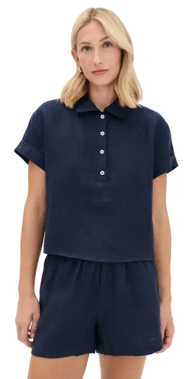 perfectwhitetee Tabitha inen Button Down Collared Tee Navy | Thumbnail 1 perfectwhitetee Tabitha inen Button Down Collared Tee Navy | Thumbnail 1