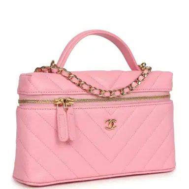 Chanel Chanel Chevron Top Handle Long Vanity Case with Chain Pink Shiny Caviar Gold Hardware | Thumbnail 2 Chanel Chanel Chevron Top Handle Long Vanity Case with Chain Pink Shiny Caviar Gold Hardware | Thumbnail 2