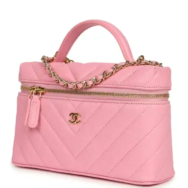 Chanel Chanel Chevron Top Handle Long Vanity Case with Chain Pink Shiny Caviar Gold Hardware | Thumbnail 5 Chanel Chanel Chevron Top Handle Long Vanity Case with Chain Pink Shiny Caviar Gold Hardware | Thumbnail 5