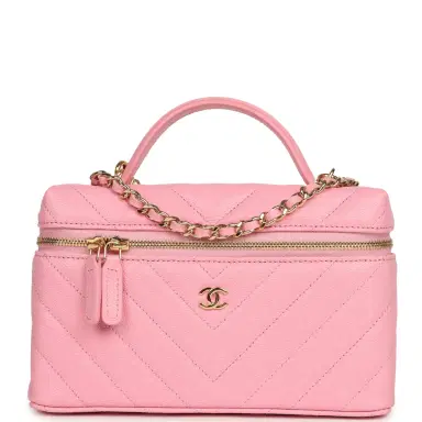 Chanel Chanel Chevron Top Handle Long Vanity Case with Chain Pink Shiny Caviar Gold Hardware | Thumbnail 1 Chanel Chanel Chevron Top Handle Long Vanity Case with Chain Pink Shiny Caviar Gold Hardware | Thumbnail 1