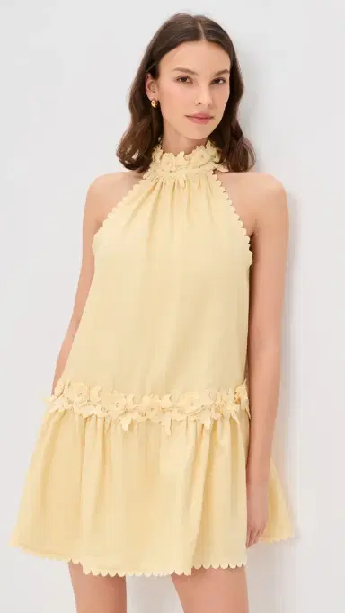 English Factory Halter Flower Detail Mini Dress Butter Yellow | Thumbnail 2 English Factory Halter Flower Detail Mini Dress Butter Yellow | Thumbnail 2