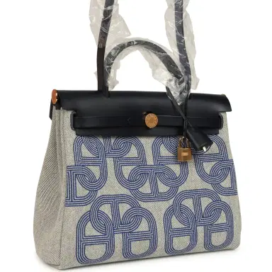 HERMÈS Hermes Herbag Zip PM 31 "Circuit 24" Bleu Royal, Ecru Toile H Canvas and Bleu Indigo Vache Hunter Leather Gold Hardware | Thumbnail 2 HERMÈS Hermes Herbag Zip PM 31 "Circuit 24" Bleu Royal, Ecru Toile H Canvas and Bleu Indigo Vache Hunter Leather Gold Hardware | Thumbnail 2