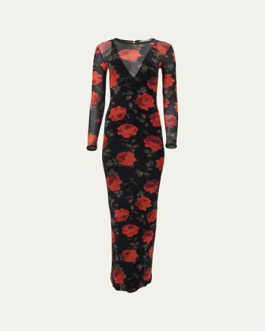 Carolina Herrera Rose-Print Mesh Long-Sleeve Maxi Dress | Thumbnail 4 Carolina Herrera Rose-Print Mesh Long-Sleeve Maxi Dress | Thumbnail 4
