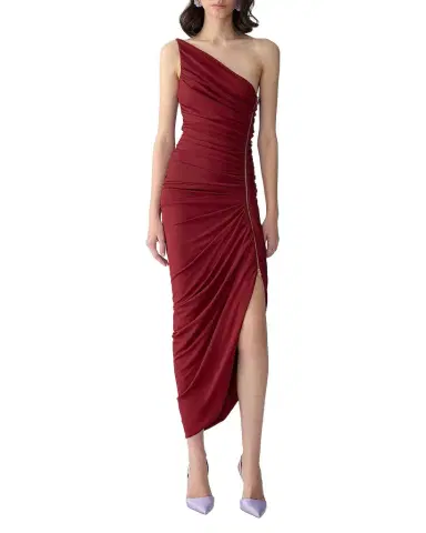 Carolina Herrera Ruched Zipper One-Shoulder Midi Dress | Thumbnail 1 Carolina Herrera Ruched Zipper One-Shoulder Midi Dress | Thumbnail 1
