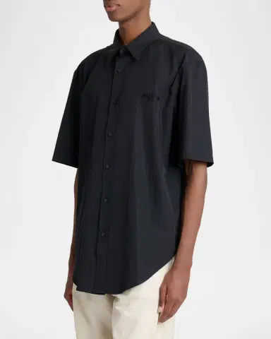 Balmain Men 's Poplin Embroidered-Logo Oversized Short-Sleeve Shirt | Thumbnail 4 Balmain Men 's Poplin Embroidered-Logo Oversized Short-Sleeve Shirt | Thumbnail 4