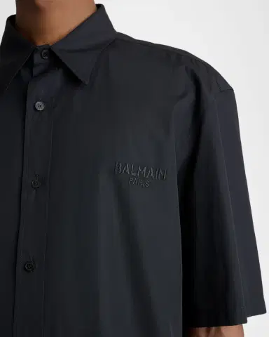 Balmain Men 's Poplin Embroidered-Logo Oversized Short-Sleeve Shirt | Thumbnail 5 Balmain Men 's Poplin Embroidered-Logo Oversized Short-Sleeve Shirt | Thumbnail 5