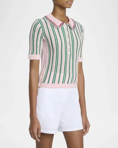 Thom Browne Striped Crochet Short-Sleeve Polo Shirt | Thumbnail 4 Thom Browne Striped Crochet Short-Sleeve Polo Shirt | Thumbnail 4