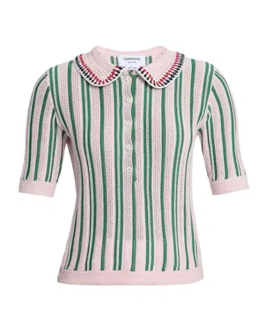 Thom Browne Striped Crochet Short-Sleeve Polo Shirt | Thumbnail 1 Thom Browne Striped Crochet Short-Sleeve Polo Shirt | Thumbnail 1