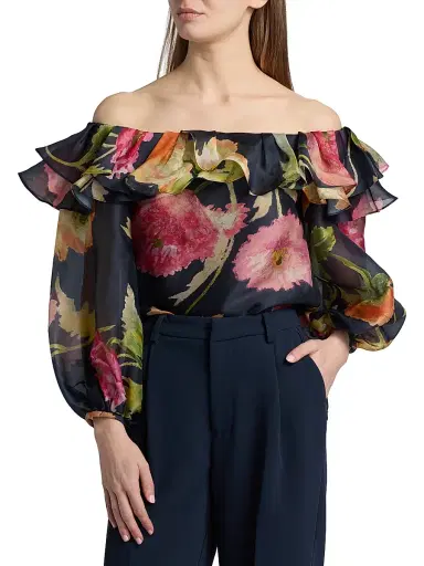 Carolina Herrera Women's Floral Silk Organza Puff-Sleeve Blouse - Midnight Multi - Size 8 | Thumbnail 3 Carolina Herrera Women's Floral Silk Organza Puff-Sleeve Blouse - Midnight Multi - Size 8 | Thumbnail 3