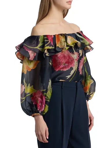 Carolina Herrera Women's Floral Silk Organza Puff-Sleeve Blouse - Midnight Multi - Size 8 | Thumbnail 4 Carolina Herrera Women's Floral Silk Organza Puff-Sleeve Blouse - Midnight Multi - Size 8 | Thumbnail 4