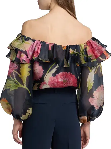 Carolina Herrera Women's Floral Silk Organza Puff-Sleeve Blouse - Midnight Multi - Size 8 | Thumbnail 5 Carolina Herrera Women's Floral Silk Organza Puff-Sleeve Blouse - Midnight Multi - Size 8 | Thumbnail 5