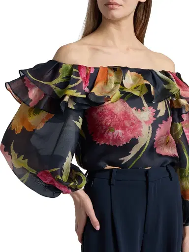 Carolina Herrera Women's Floral Silk Organza Puff-Sleeve Blouse - Midnight Multi - Size 8 | Thumbnail 6 Carolina Herrera Women's Floral Silk Organza Puff-Sleeve Blouse - Midnight Multi - Size 8 | Thumbnail 6