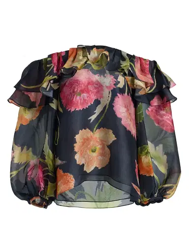 Carolina Herrera Women's Floral Silk Organza Puff-Sleeve Blouse - Midnight Multi - Size 8 | Thumbnail 1 Carolina Herrera Women's Floral Silk Organza Puff-Sleeve Blouse - Midnight Multi - Size 8 | Thumbnail 1